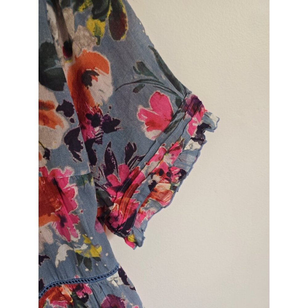 Sundance Annabelle Floral Blue Pink Cotton Dress XXL Short Sleeves Tassle Ruffle - Picture 6 of 11